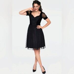 Voodoo Vixen Vonda Velvet Polka Dot Burnout Flared Dress in Black Size M